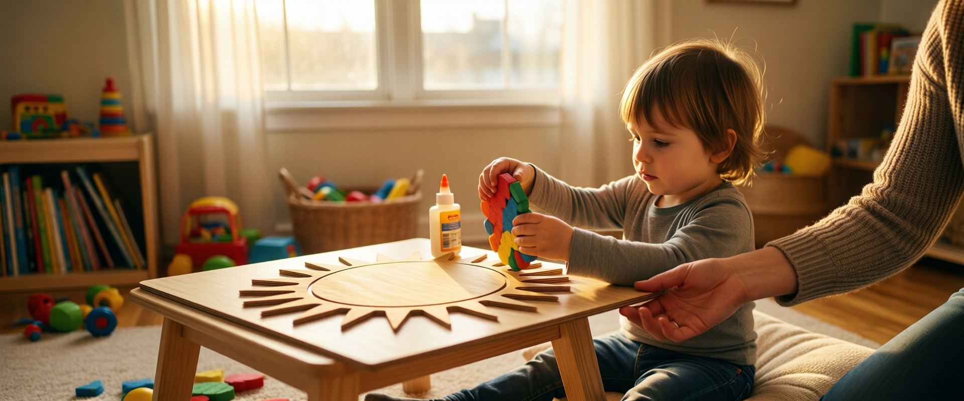 Малыш 3-4 лет делает мозаику на фанерной основе с трафаретом солнышка в уютной игровой комнате